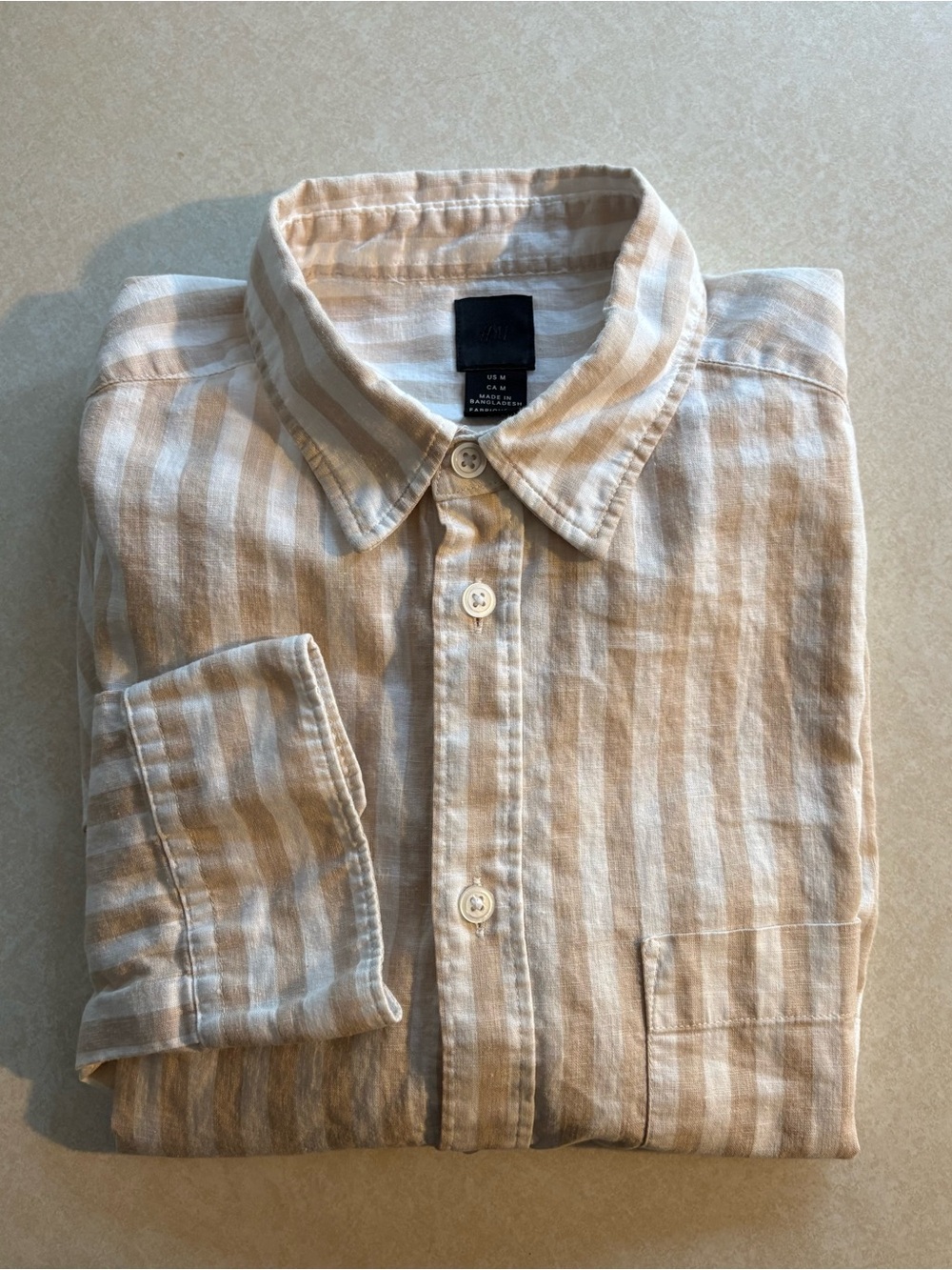 Men's Beige Stripe Linen-Blend Button-Up Shirt